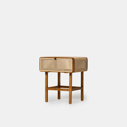 Table de chevet en teck et cannage