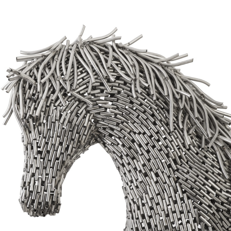 statue cheval en marche en cylindre inox