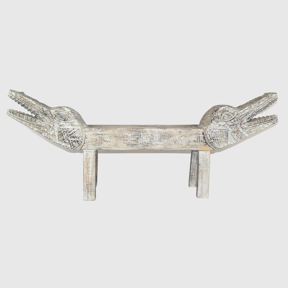 Banc crocodile double têtes en bois recyclé sculpté de Bali