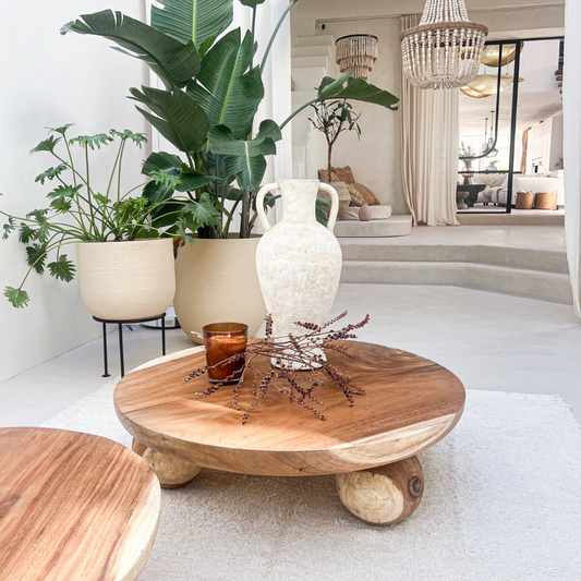Table basse en suar massif ronde pieds boules 80cm