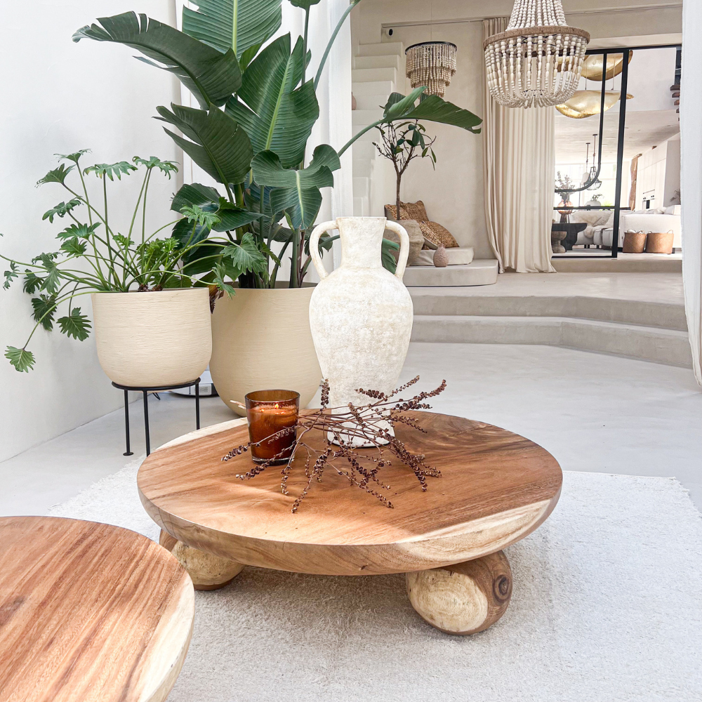 Table basse en suar massif ronde pieds boules 100 cm